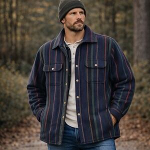 VTG 90s Wool Quilted Shacket Jacket Mens Large Striped Outdoorsman Cabin Core‎